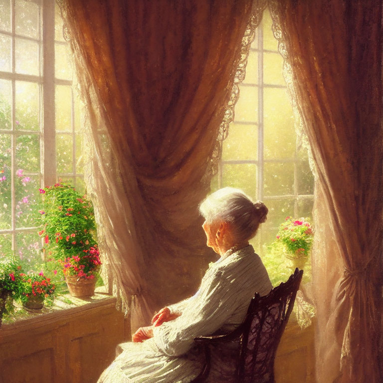 Elderly woman in white dress near sunny window with lace curtains