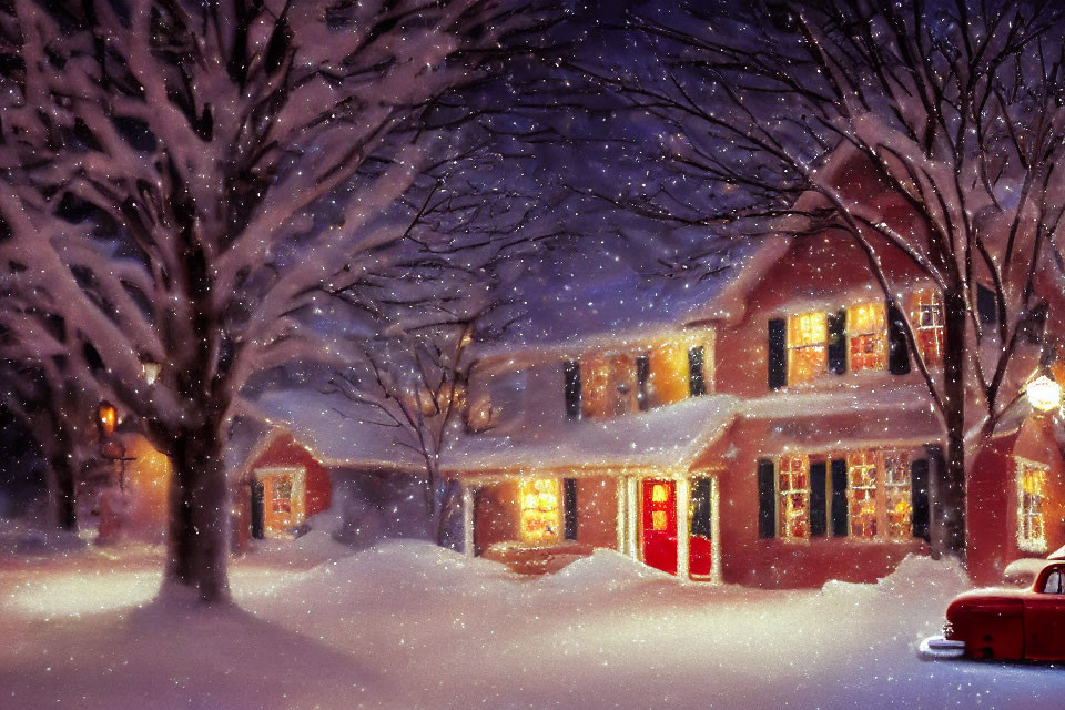 Snowy Evening Scene: Two-Story House, Red Vintage Car, Falling Snowflakes