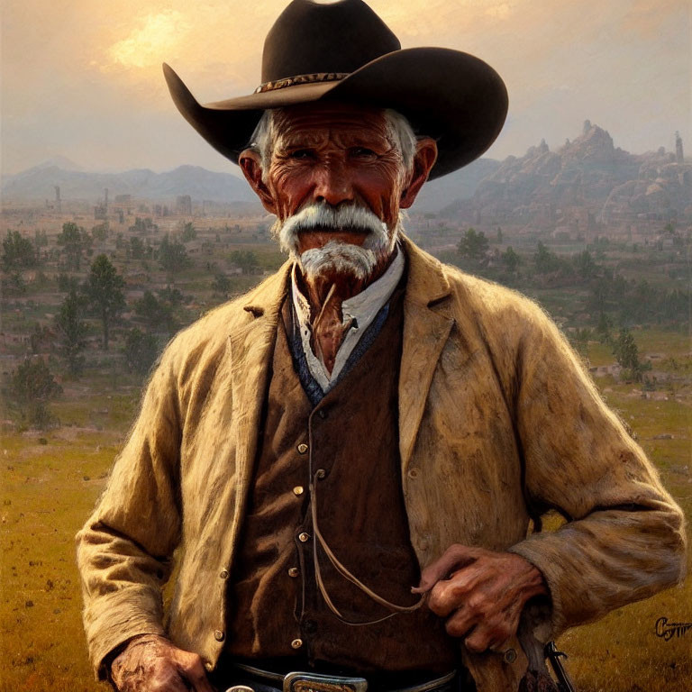 Elderly Cowboy in Large Hat and Brown Jacket in Pastoral Setting