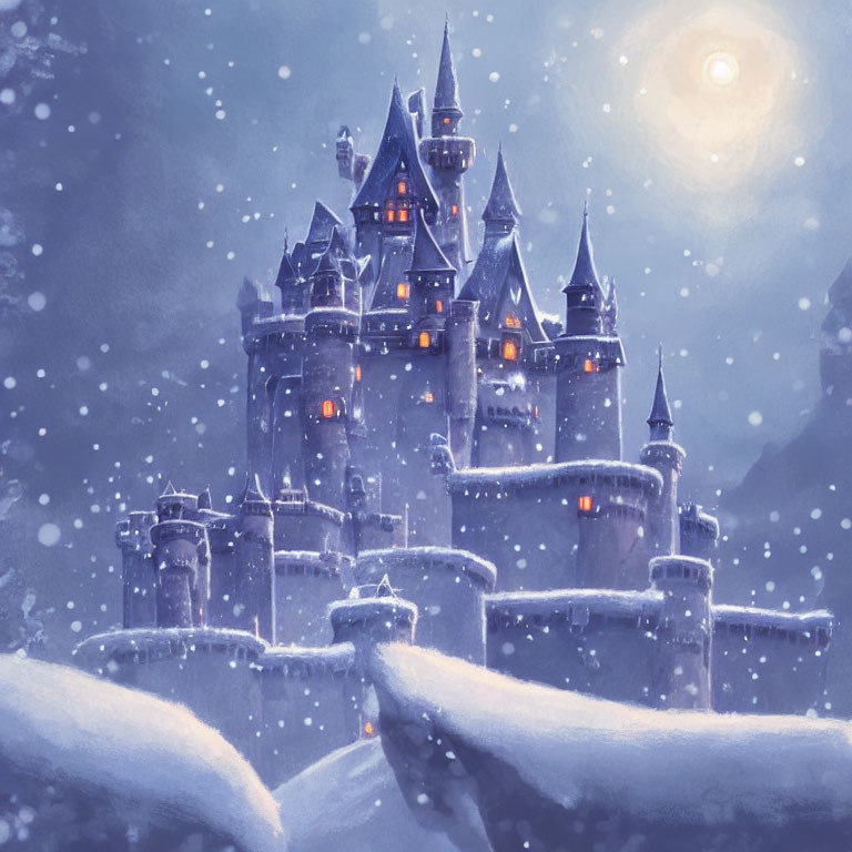 Snowy Night Castle Scene with Celestial Glow