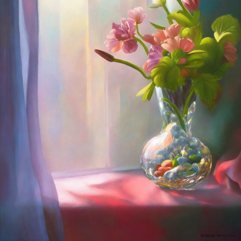 Colorful painting of glass vase, pink flowers, and greenery on red table near sunny window.
