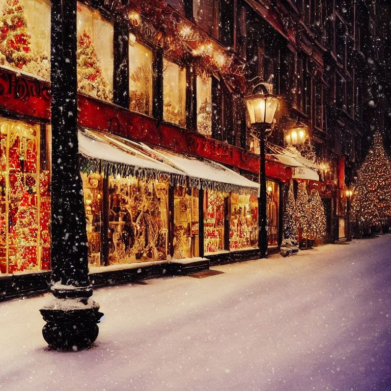 Festive Christmas scene on snowy city street