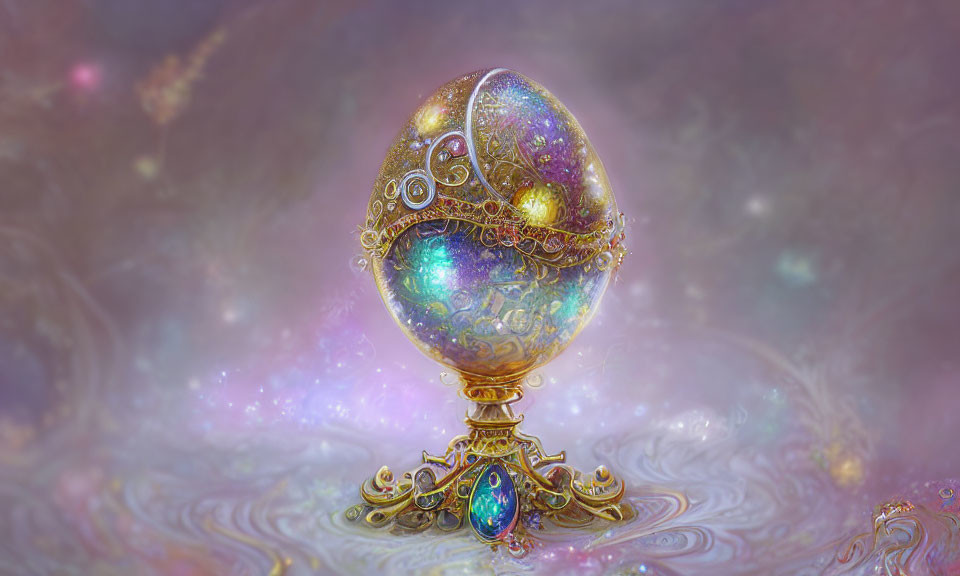 Jewel-encrusted golden egg on intricate stand in mystical galaxy