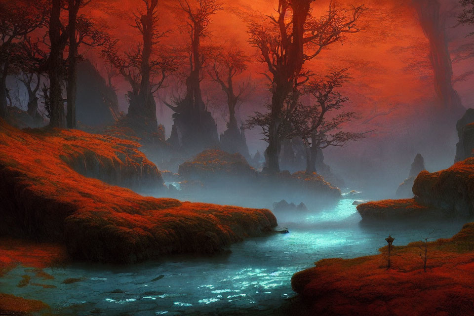 Misty forest with turquoise streams, orange-red foliage, moss-covered ground, and solitary figure.