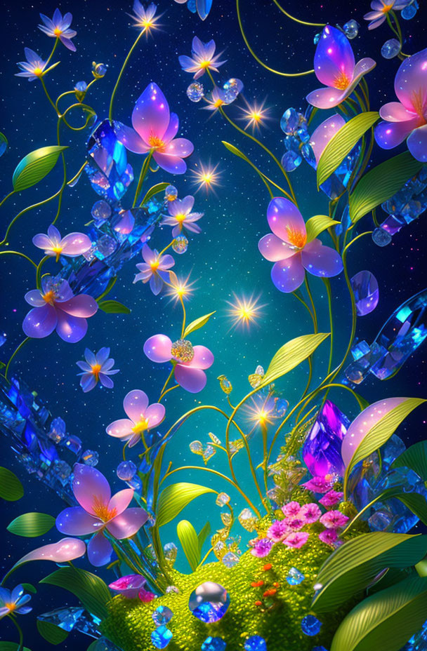 Colorful digital artwork: Flowers, crystals, dewdrops under starry night.
