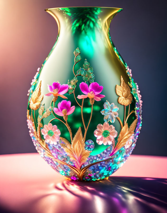 Pearlescent Decorative Vase with Floral Design in Pink, Green, and Gold