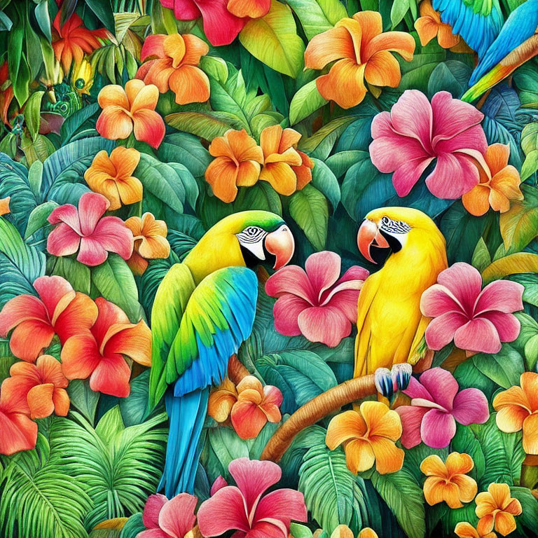 Colorful parrots in lush tropical setting with vibrant foliage and flowers