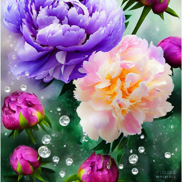 Vibrant Purple and Pink Peonies with Water Droplets on Green Foliage