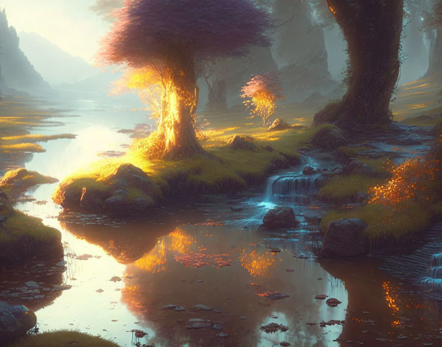 Glowing tree by tranquil stream with mossy rocks and golden light.