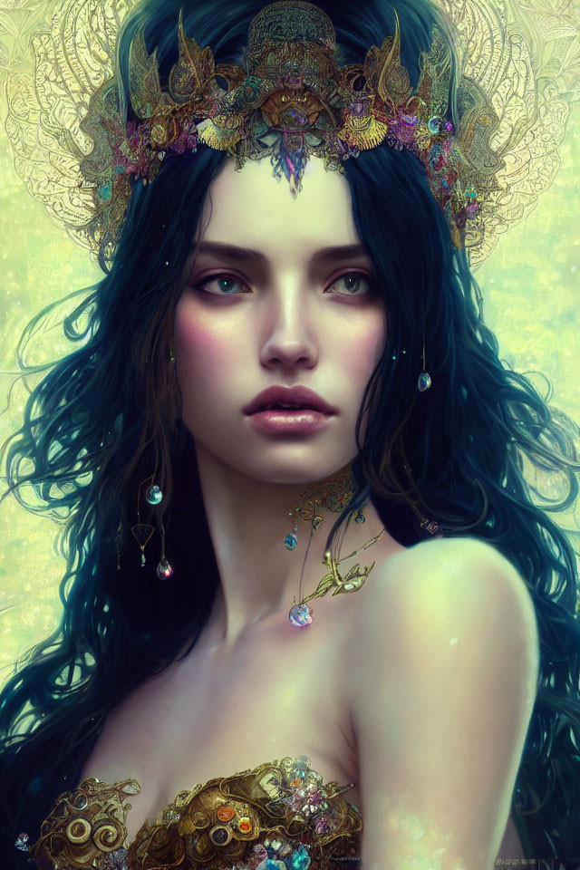 Woman with deep blue eyes and ornate golden headpiece