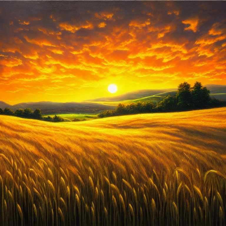Golden sunset illuminates wheat field and rolling landscape