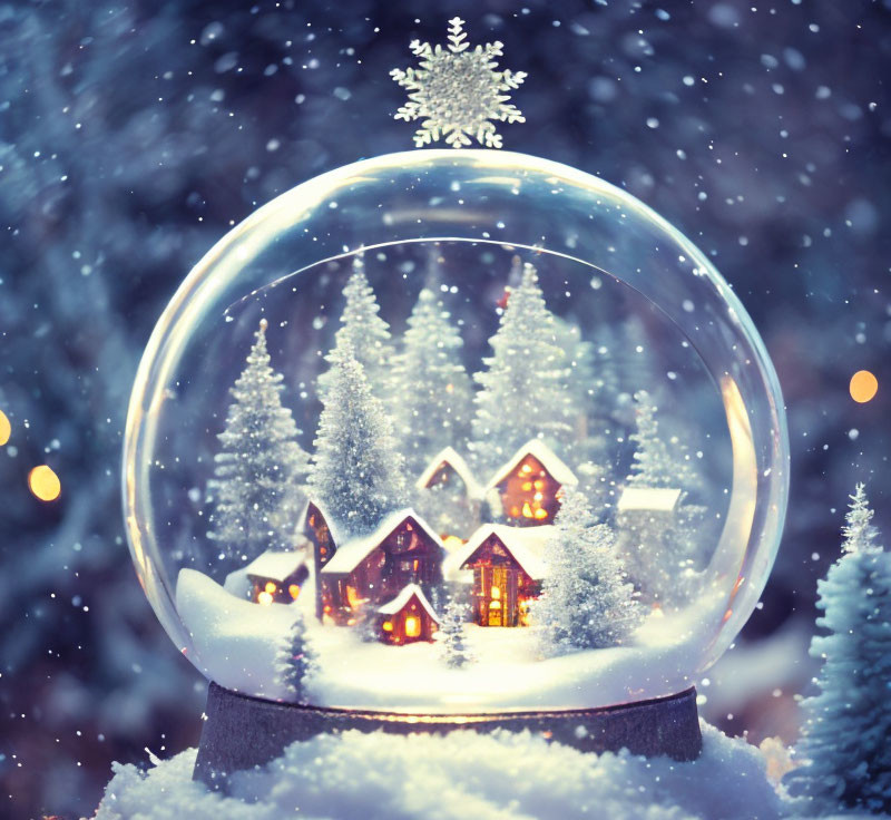 Snow Globe with Illuminated Miniature Houses and Snowflake Scene