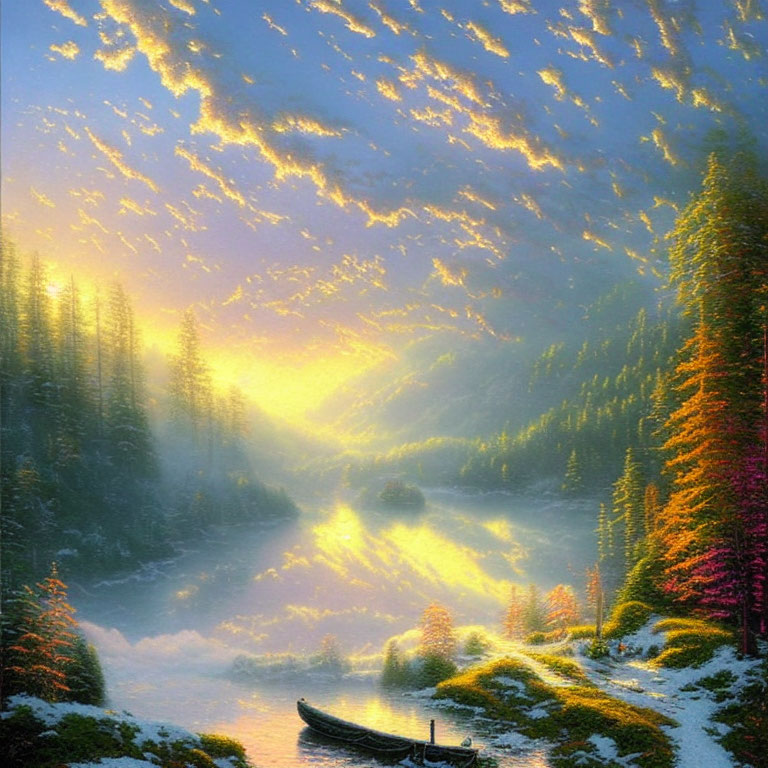 Tranquil sunrise scene: lake, forest, boat, streaked clouds