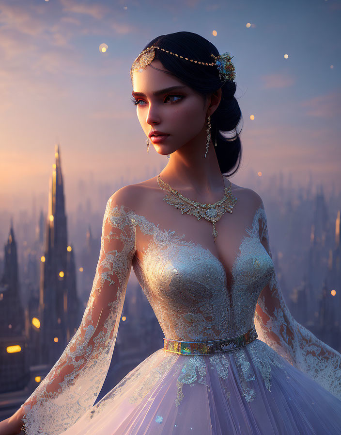 Detailed digital artwork: elegant woman in wedding gown, cityscape backdrop, twilight glow, floating lights.