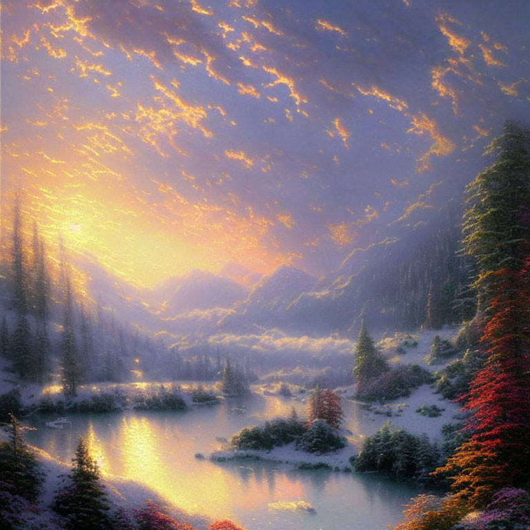 Snowy mountain landscape at sunset with reflective lake & pine trees