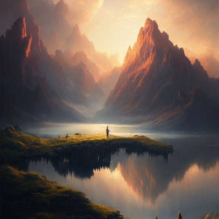 Person standing on lakeshore in serene landscape with reflective water and sunlit mountain peaks