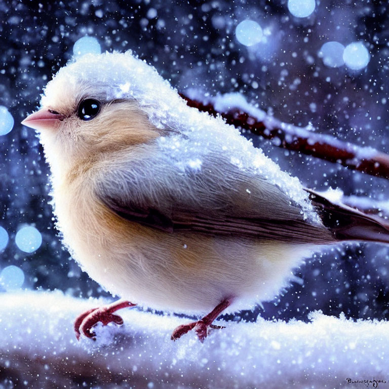 Pale Plumage Bird Perched on Snowy Branch