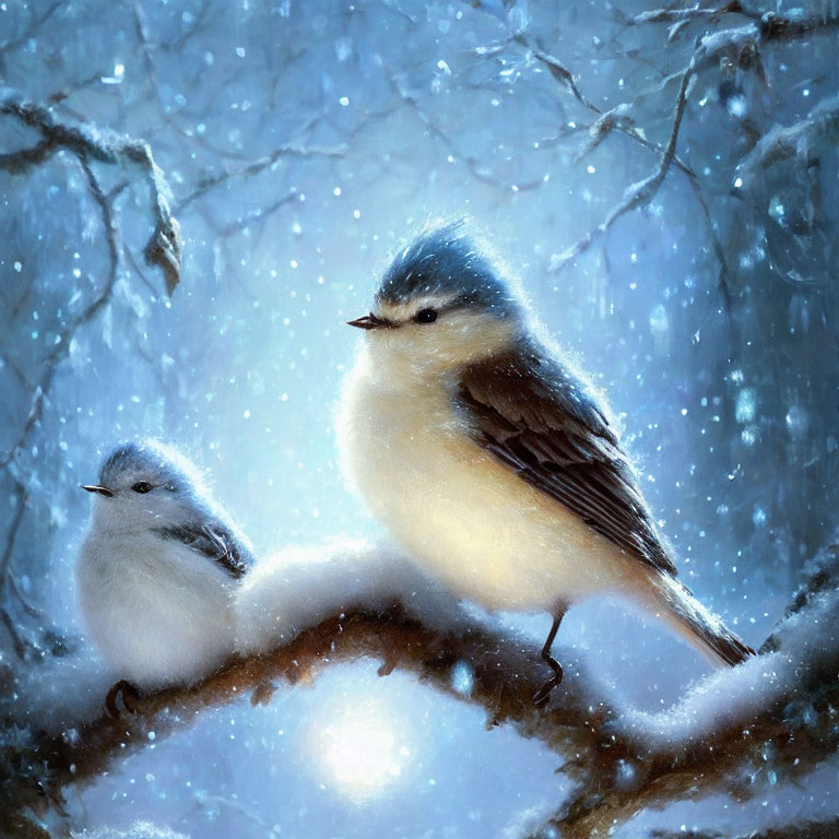 Two Birds Perched on Snowy Branch in Winter Scene