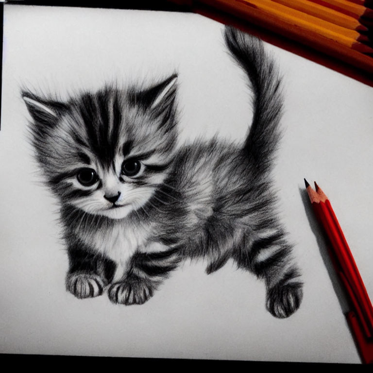 Detailed pencil drawing of fluffy kitten with striking eyes and playful pose.