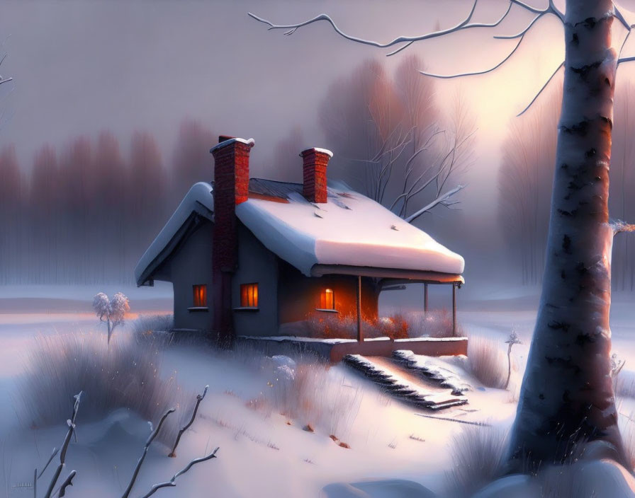 Snow-covered cottage in tranquil winter landscape with warm glowing windows