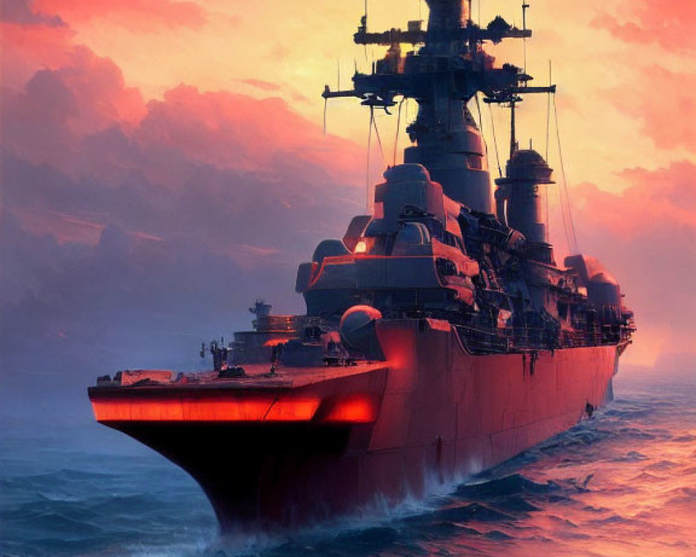 Battleship sailing at sunset with fiery skies and crimson waters