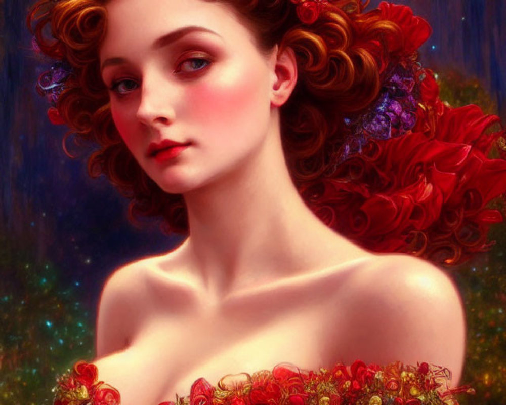 Curly Red-Haired Woman in Ornate Red Dress with Floral Headpiece