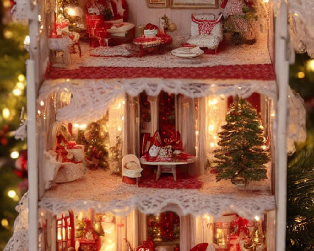 Detailed Christmas miniature dollhouse with festive decorations and cozy interior
