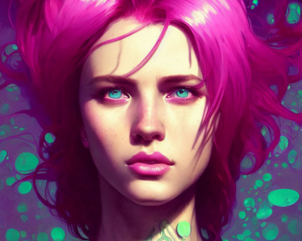 Vibrant portrait with pink hair, purple eyes, and glowing tattoo on neck