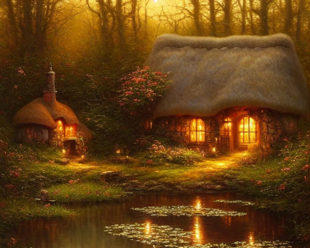 Quaint Thatched Cottage in Twilight Forest Setting