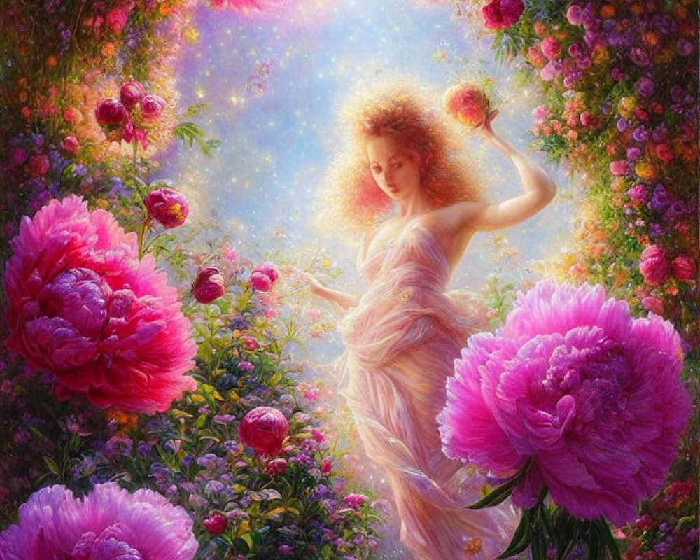 Ethereal woman with pink peonies in vibrant garden