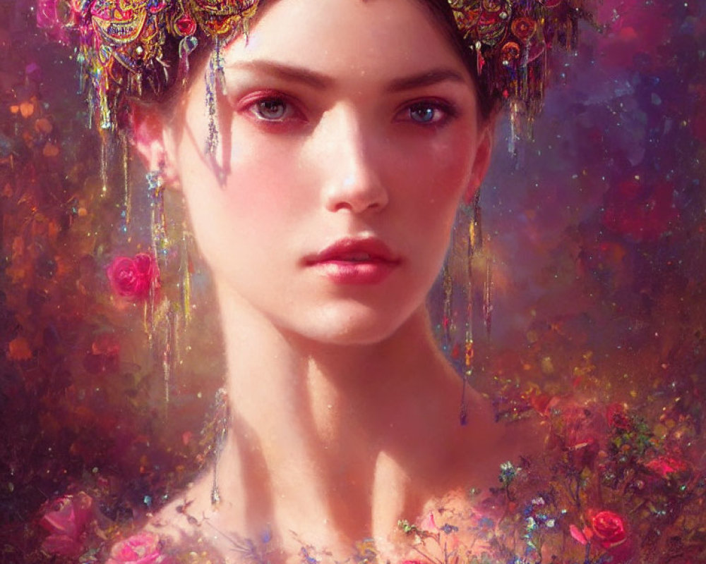 Woman portrait with vibrant floral headdress and serene gaze on textured background