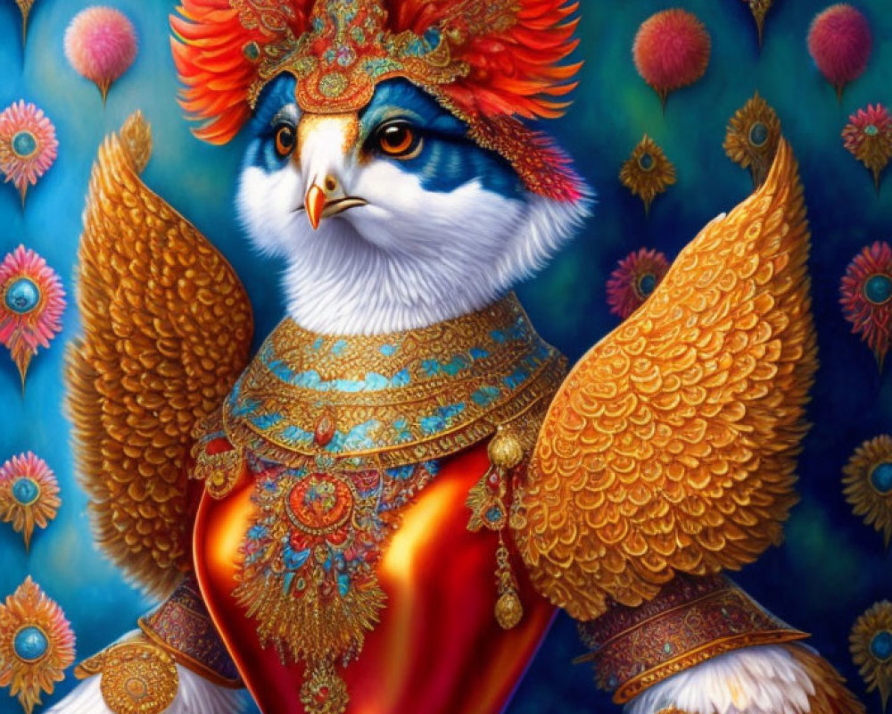 Anthropomorphic bird in ornate armor on blue patterned background