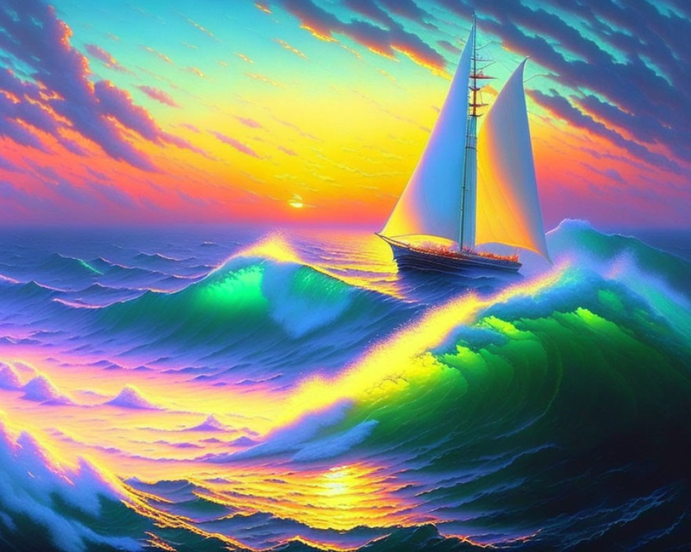 Sailboat on Colorful Glowing Waves at Sunset