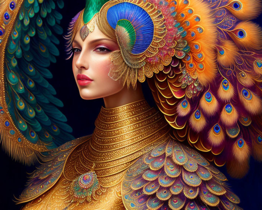 Illustrated woman in peacock feather attire and golden armor.