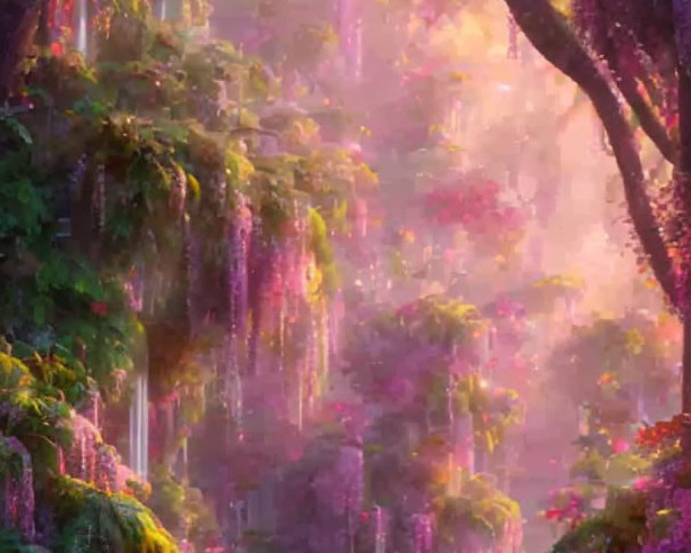 Ethereal forest scene with natural archway and purple flowers