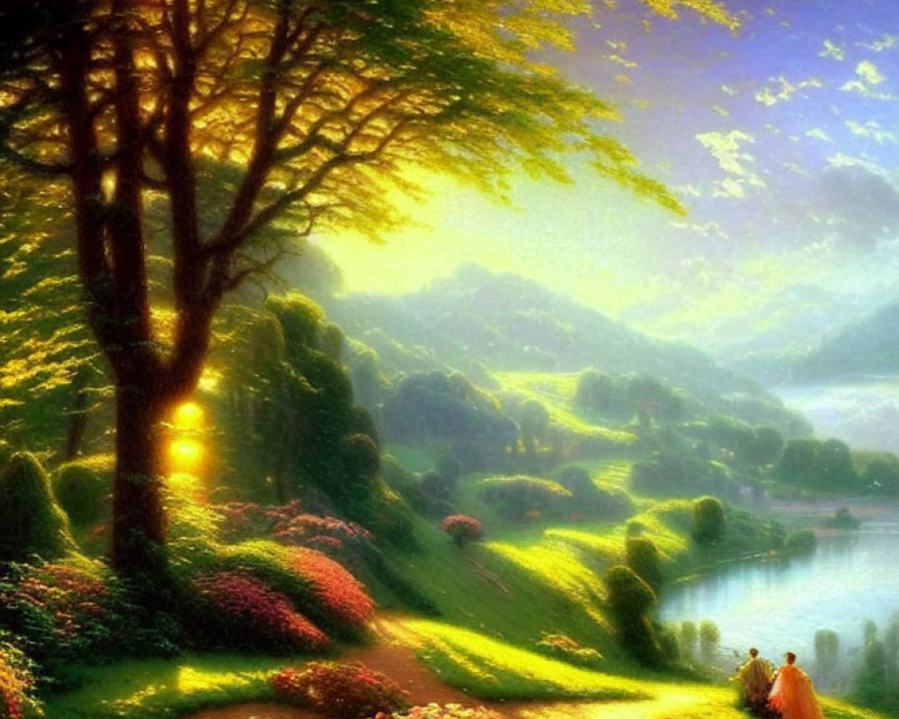 Scenic landscape with tree, walking figures, sunlight, path, flowers, and lake