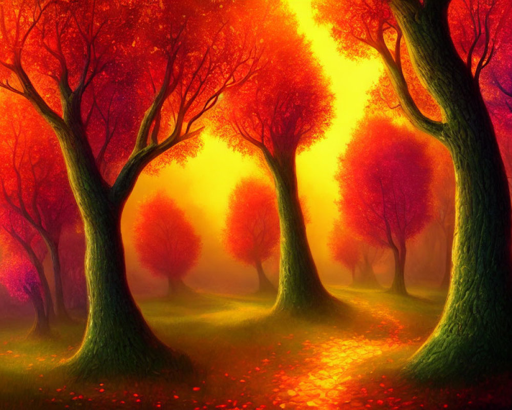 Vivid Red and Orange Foliage in Enchanted Forest Scene