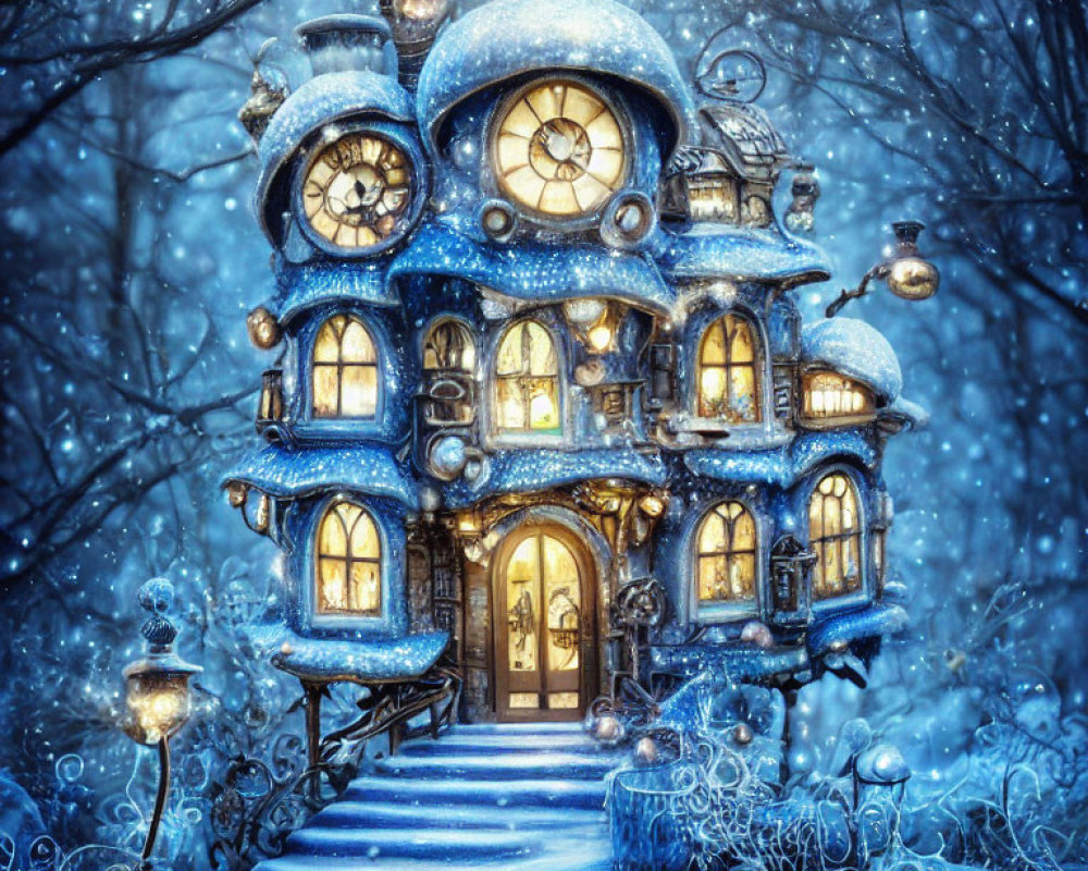 Clock-themed blue house in enchanted snowy forest at twilight