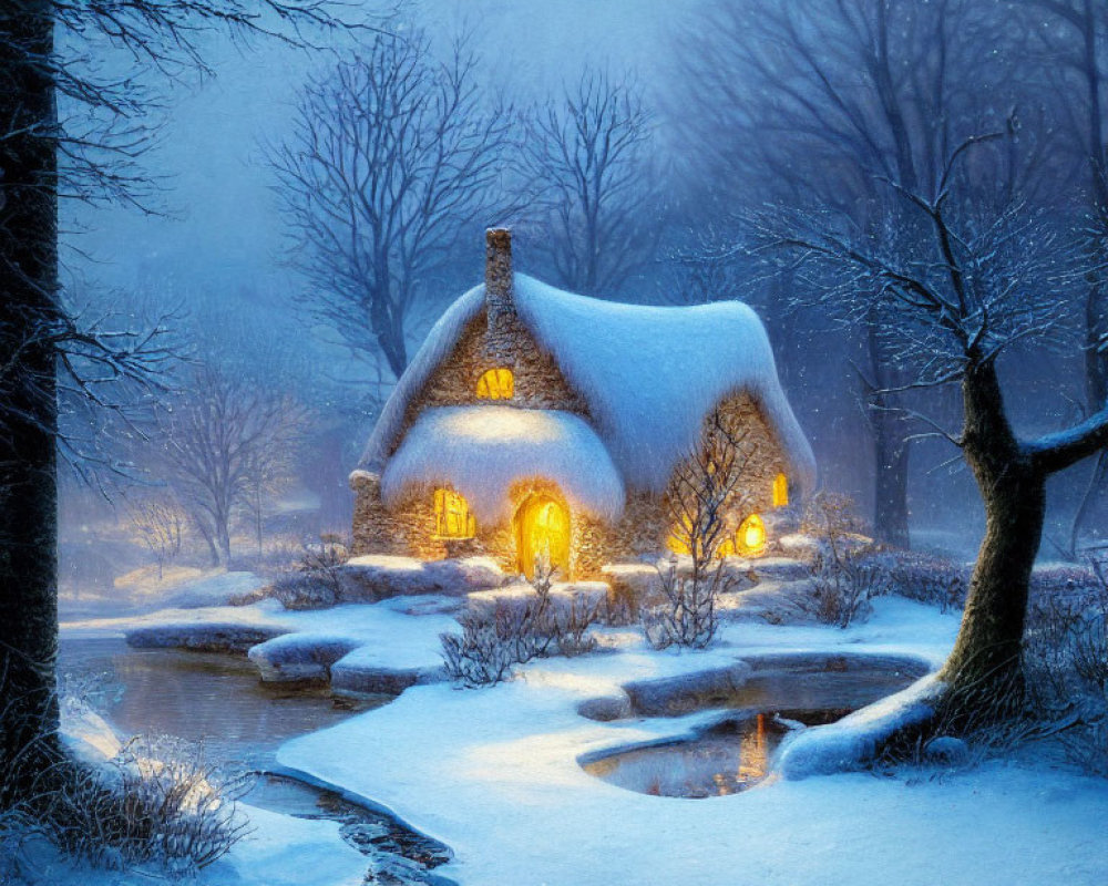 Thatched cottage in snowy twilight with frozen pond