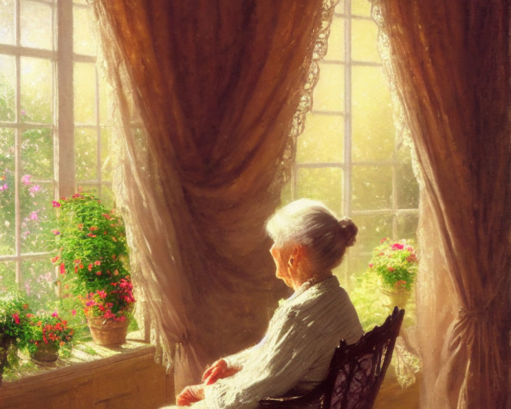 Elderly woman in white dress near sunny window with lace curtains