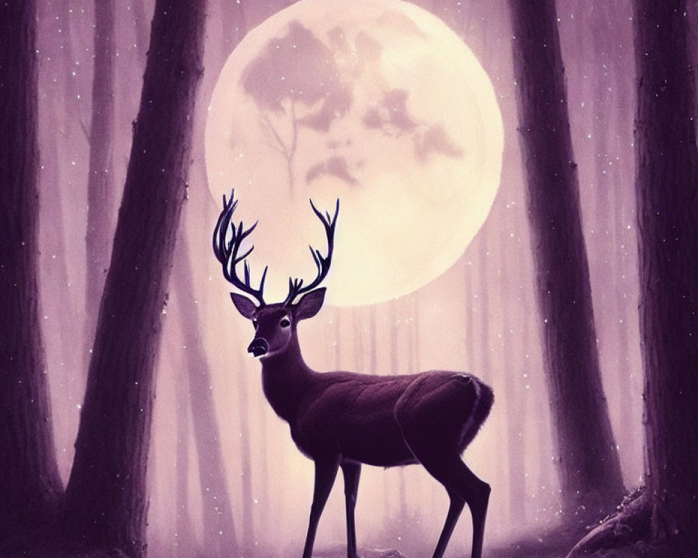 Majestic deer in mystical forest under full moon