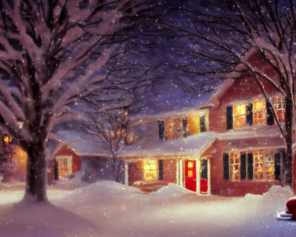Snowy Evening Scene: Two-Story House, Red Vintage Car, Falling Snowflakes