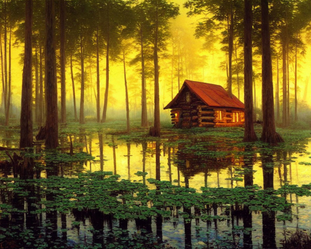Tranquil forest cabin by pond with water lilies