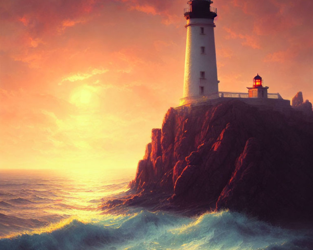 Lighthouse on rugged cliff under dramatic sunset sky
