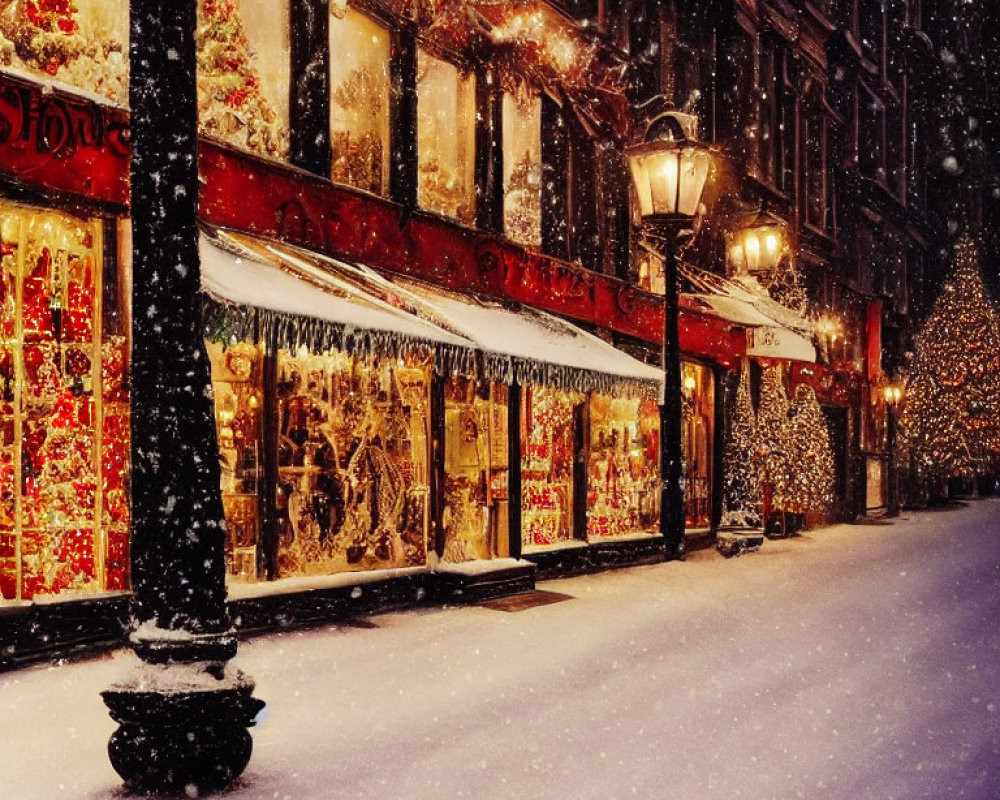 Festive Christmas scene on snowy city street