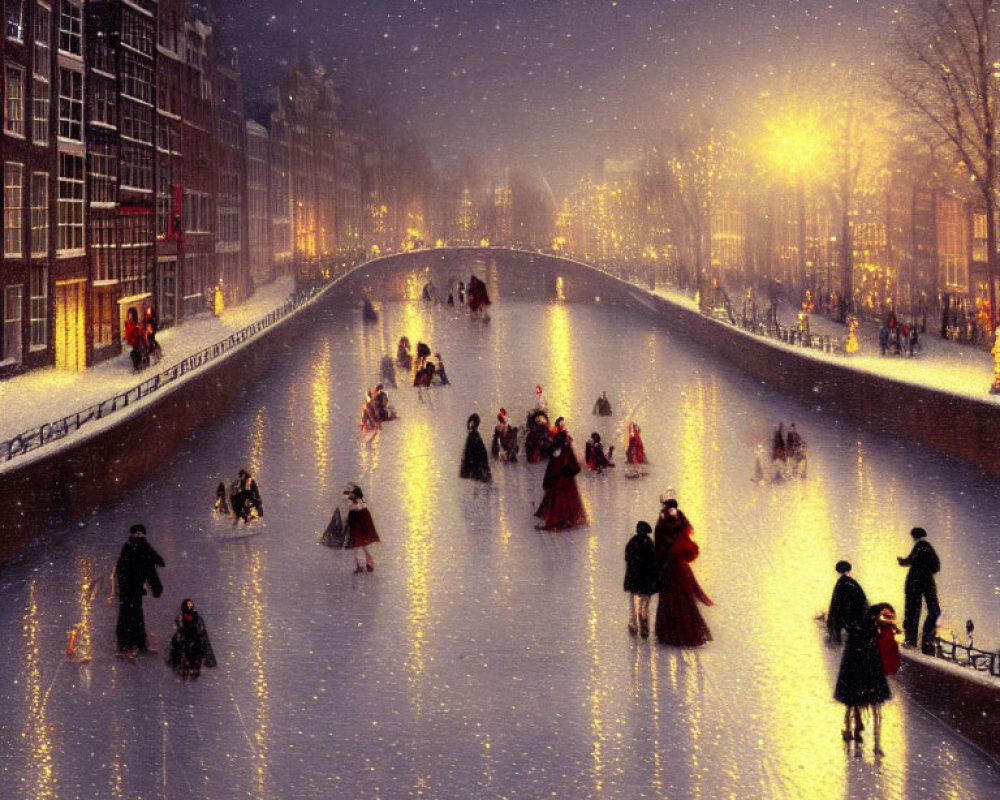 Nighttime Ice Skating on Frozen Canal with Glowing Streetlights