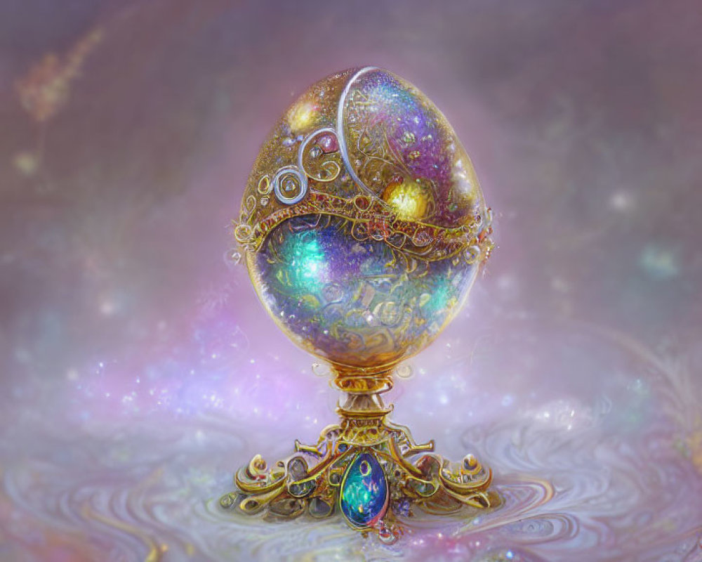 Jewel-encrusted golden egg on intricate stand in mystical galaxy