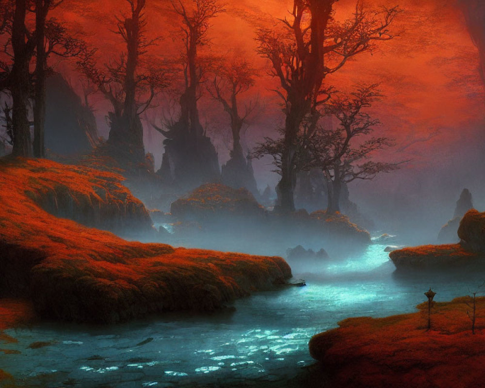 Misty forest with turquoise streams, orange-red foliage, moss-covered ground, and solitary figure.