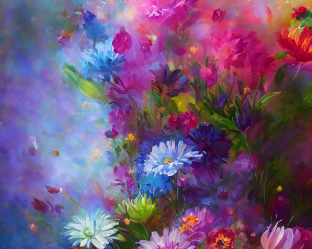Colorful Flower Painting in Pink, Blue, and White Blooms