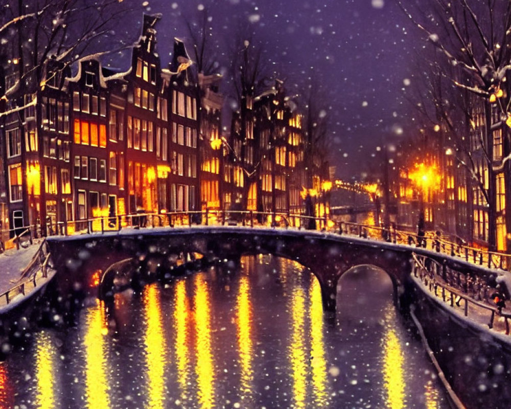 City canal at night with illuminated windows, falling snow, and bare trees reflected in water.